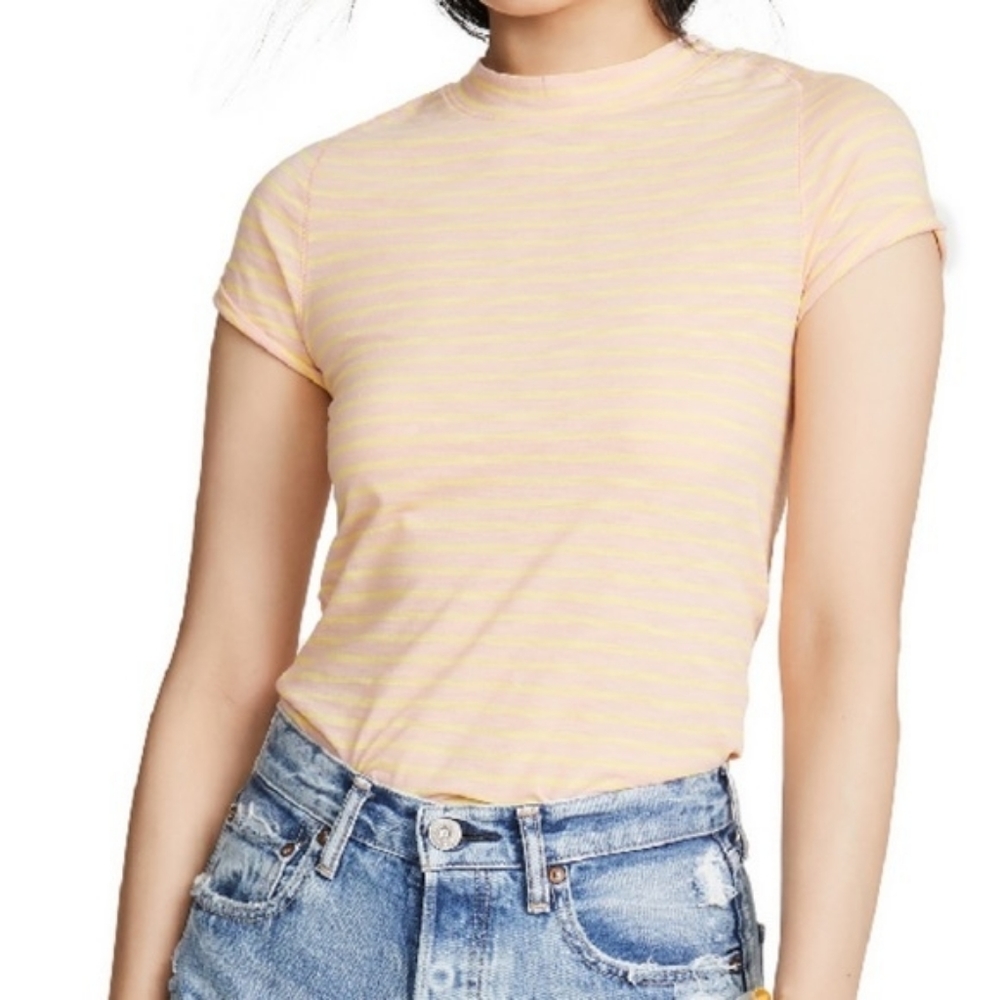 Free people striped mock neck slim fit tshirt, xs, pink/ yellow